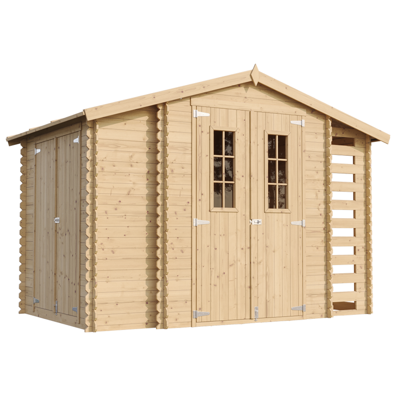 Abri de jardin en bois et range bûches avec sol traité 3,53 + 0,97+0,97m2