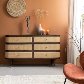 Commode 6 tiroirs en bois de manguier et cannage soren