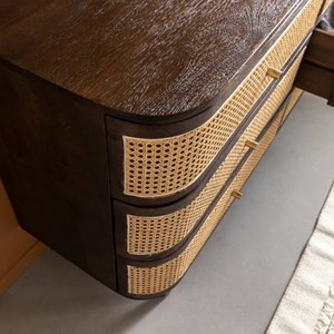 Commode 6 tiroirs en bois de manguier et cannage soren