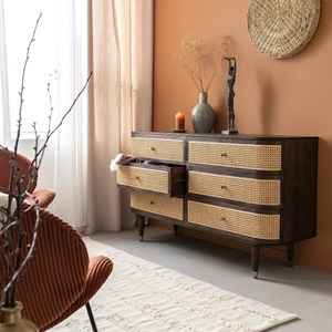 Commode 6 tiroirs en bois de manguier et cannage soren