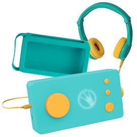 Lunii - ma fabrique à histoires vert avec son casque assorti vert et sa coque