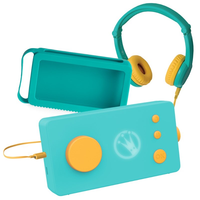 Lunii - ma fabrique à histoires vert avec son casque assorti vert et sa coque