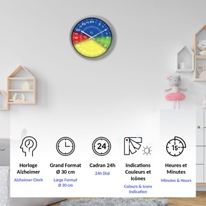 Horloge double cadran 24h ø 30 cm - éducative noir blanc