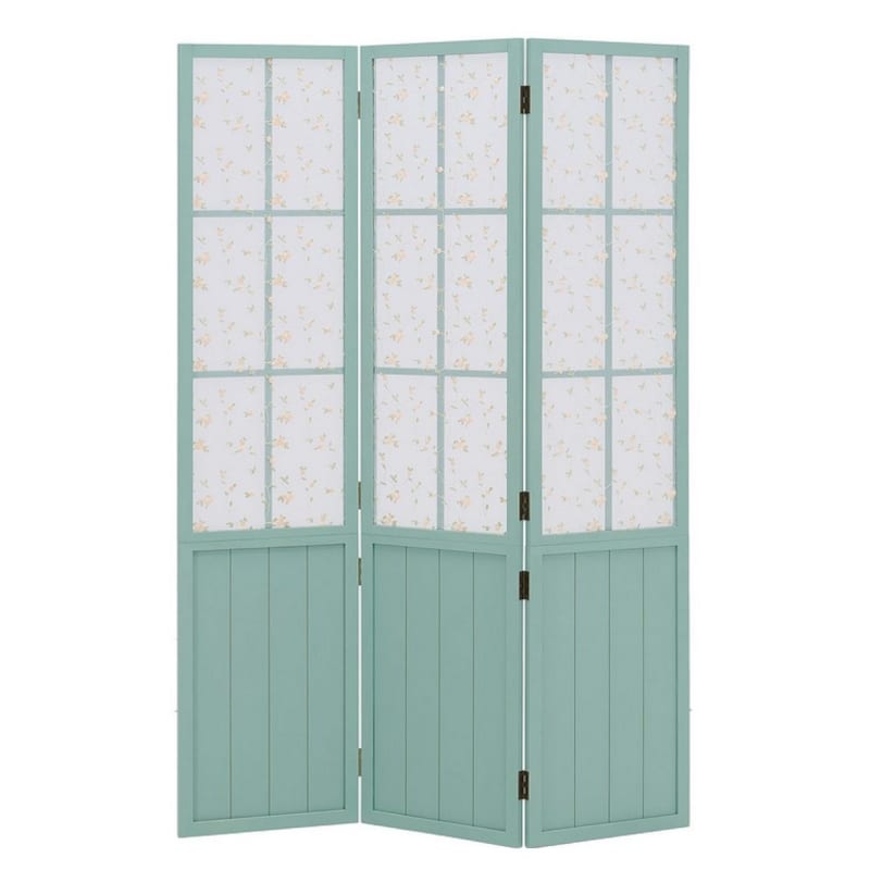 Paravent turquoise 3 panneaux en bois ? style champêtre à motif floral