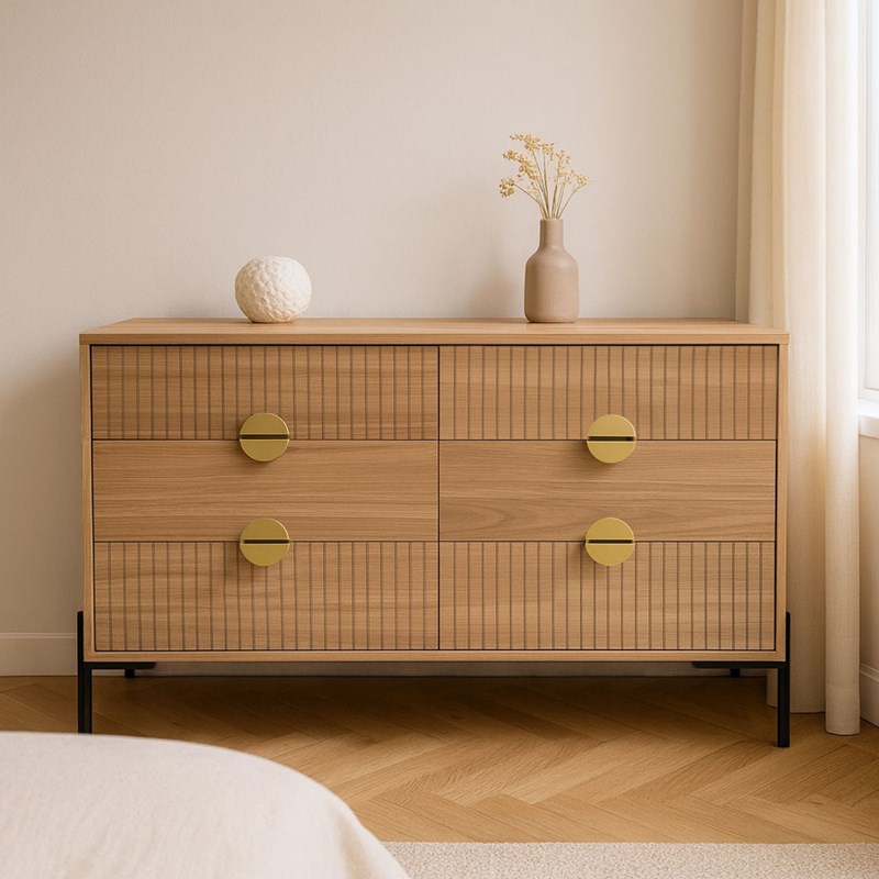 Vallo commode 6 tiroirs décor bois rainuré 124cm