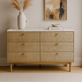 Brox buffet 6 tiroirs aspect bois rainuré et marbre 120cm