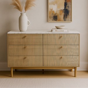 Brox buffet 6 tiroirs aspect bois rainuré et marbre 120cm