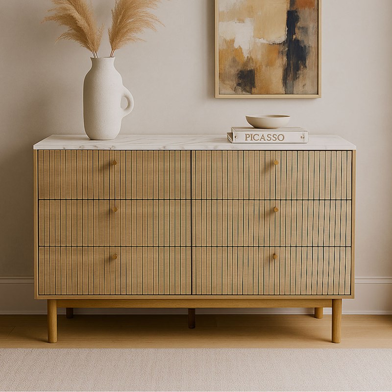 Brox buffet 6 tiroirs aspect bois rainuré et marbre 120cm