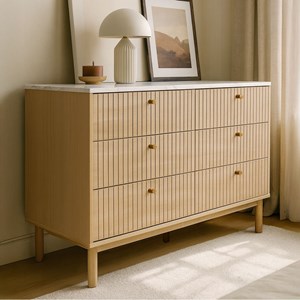 Brox buffet 6 tiroirs aspect bois rainuré et marbre 120cm