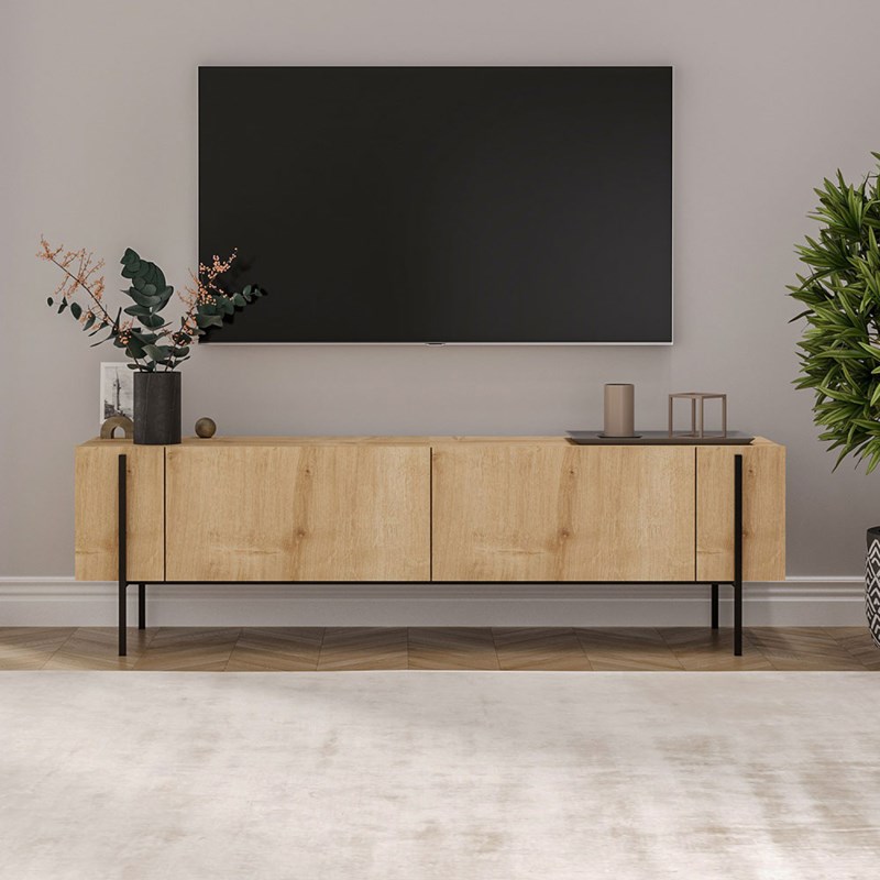 Frena meuble tv avec placards bois et détails noirs 160cm
