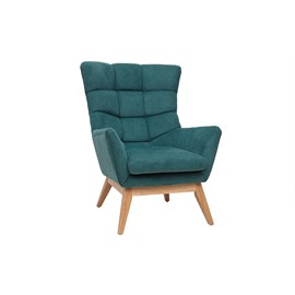 Fauteuil en tissu chenille bleu canard et bois clair brody