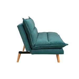 Canapé convertible 3 places en tissu chenille bleu canard et bois clair bingo