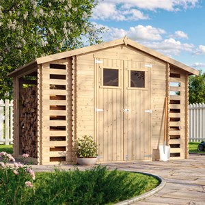 Abri de jardin en bois range bûches extérieur avec sol traité 3,53+2x0,97m2