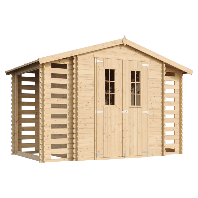 Timbela - Abri de jardin en bois range bûches extérieur avec sol traité 3,53+2x0,97m2