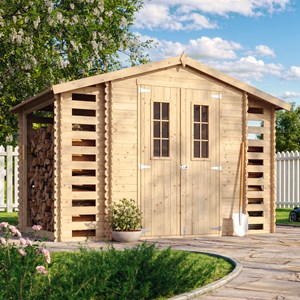 Abri de jardin en bois range bûches extérieur avec sol traité 3,53+2x0,97m2