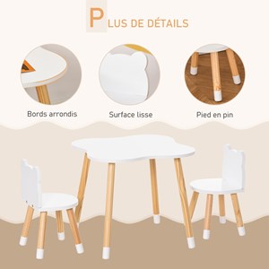 Ensemble table et chaises enfant design scandinave motif ourson blanc bois pin