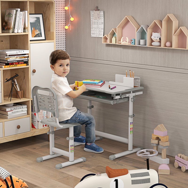 Ensemble bureau chaise enfant réglable gris blanc