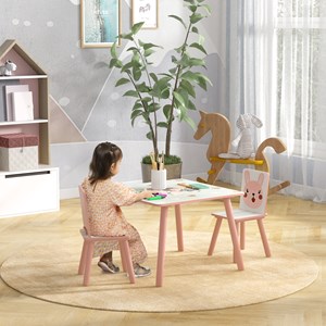Ensemble table et chaises enfant motif renards lapin rose