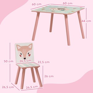 Ensemble table et chaises enfant motif renards lapin rose