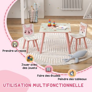 Ensemble table et chaises enfant motif renards lapin rose