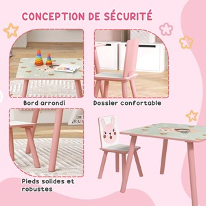 Ensemble table et chaises enfant motif renards lapin rose