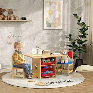 Ensemble table et chaises enfant bois 4 bacs de rangement inclus