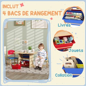 Ensemble table et chaises enfant bois 4 bacs de rangement inclus