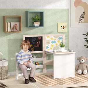 Ensemble table chaise tableaux pliables enfant multi-rangement beige blanc