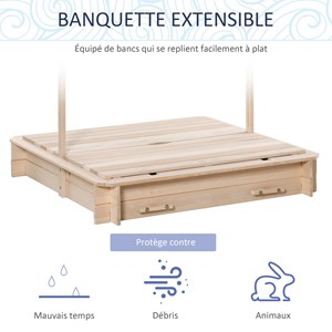 Bac à sable carré en bois pour enfant bancs couvercle auvent réglable