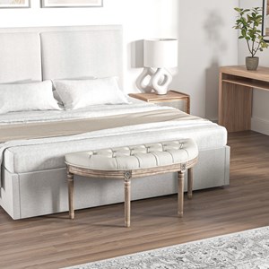 Banc bout de lit demi-lune style louis xvi bois sculpté patiné tissu grège