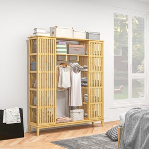 Armoire penderie en bambou - 2 portes coulissantes, 7 étagères, 2 barres