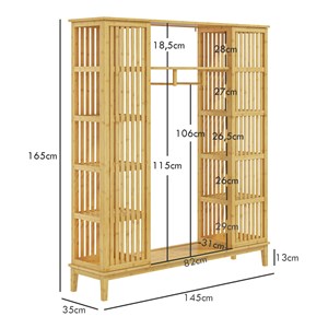 Armoire penderie en bambou - 2 portes coulissantes, 7 étagères, 2 barres