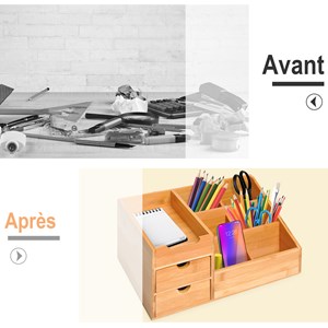 Organiseur de bureau - 7 compartiments, 2 tiroirs - bambou