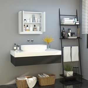 Armoire murale miroir salle de bain 2 étagères mdf blanc