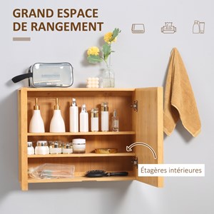 Miroir de salle de bain placard 2 portes - 2 étagères - bambou verni