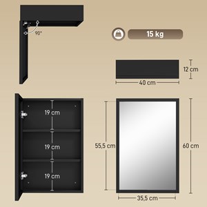 Armoire miroir murale salle de bain 2 étagères noir