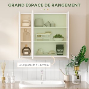Armoire miroir salle de bain 3 portes 4 étagères réglables blanc