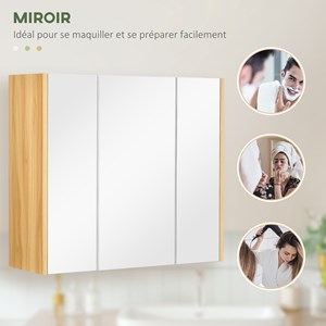 Armoire miroir salle de bain 3 portes 4 étagères réglables blanc