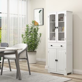 Buffet haut 4 portes 3 étagères tiroir verre trempé mdf blanc