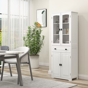 Buffet haut 4 portes 3 étagères tiroir verre trempé mdf blanc