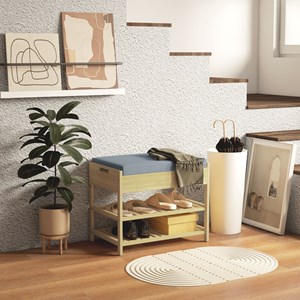 Banc à chaussures style cosy naturel 2 étagères avec coussin bambou