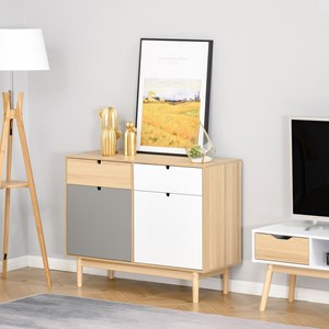 Buffet style scandinave 2 placards tiroir blanc gris bois clair