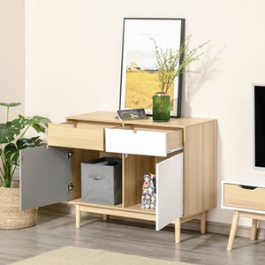 Buffet style scandinave 2 placards tiroir blanc gris bois clair