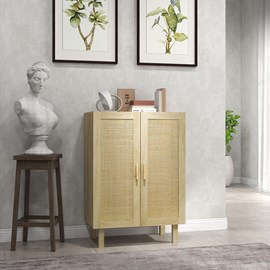 Buffet 2 portes 2 étagères style bohème aspect bois clair cannage rotin
