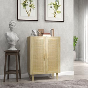 Buffet 2 portes 2 étagères style bohème aspect bois clair cannage rotin