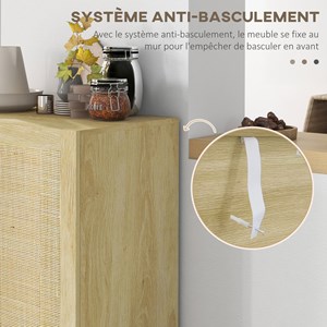 Buffet 2 portes 2 étagères style bohème aspect bois clair cannage rotin