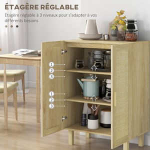 Buffet 2 portes 2 étagères style bohème aspect bois clair cannage rotin