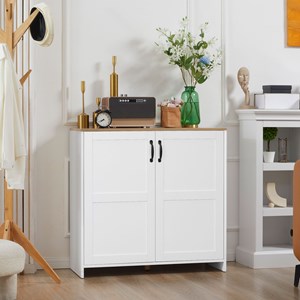 Buffet 2 portes 2 étagères panneaux blanc aspect bois clair