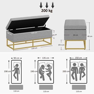 Banc coffre de rangement 2 en 1 acier doré tissu