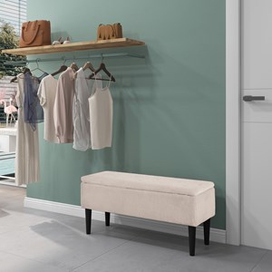 Banc coffre de rangement piètement bois noir tissu blanc cassé
